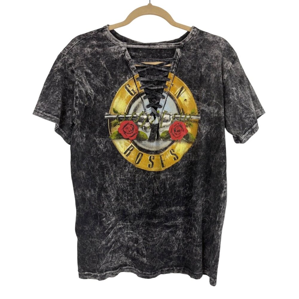 Bravado Guns N Roses L Distressed Lace-Up Graphic Black Acid Wash Top Band Tee